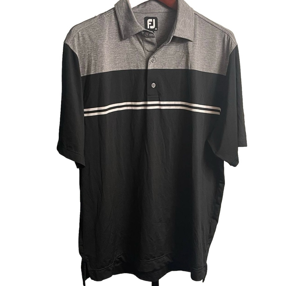 Mens FootJoy Black Gray Striped Golf Polo Shirt Size‎ Medium Performance Shirt